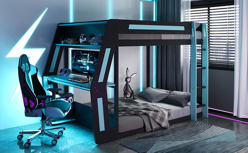 Full-Size Gaming Bunk Bed with Side-Mounted Oversized RGB Desk, USB