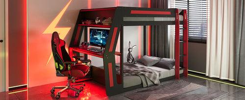 Full-Size Gaming Bunk Bed with Side-Mounted Oversized RGB Desk, USB