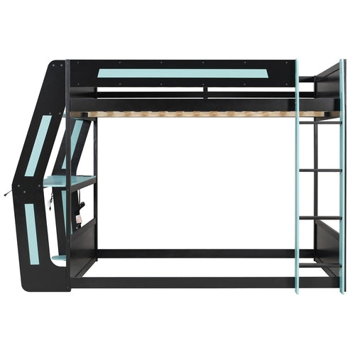 Full-Size Gaming Bunk Bed with Side-Mounted Oversized RGB Desk, USB