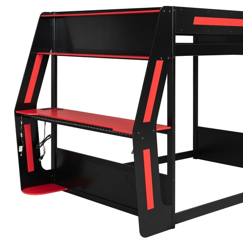 Full-Size Gaming Bunk Bed with Side-Mounted Oversized RGB Desk, USB