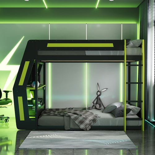 Full-Size Gaming Bunk Bed with Side-Mounted Oversized RGB Desk, USB