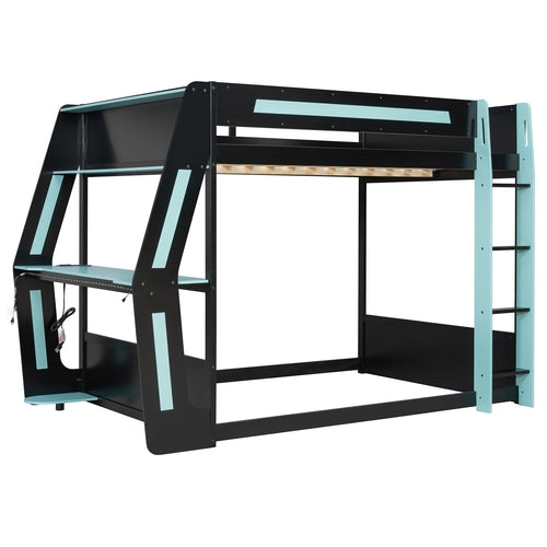 Full-Size Gaming Bunk Bed with Side-Mounted Oversized RGB Desk, USB