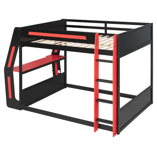 Full-Size Gaming Bunk Bed with Side-Mounted Oversized RGB Desk, USB