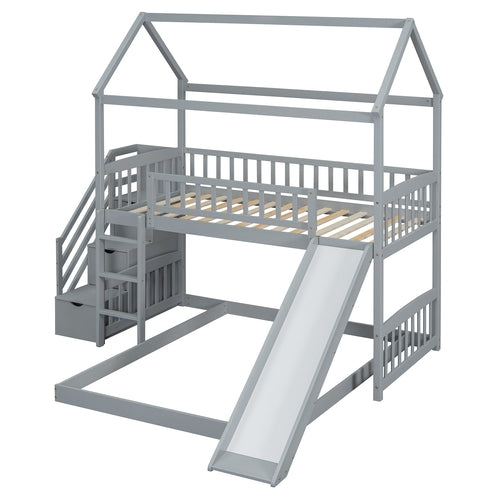 Kids House Bunk Bed Frame with Built-In Slide and Guard Rails for