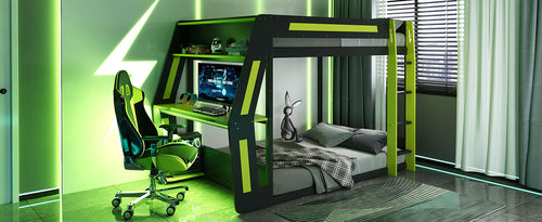 Full-Size Gaming Bunk Bed with Side-Mounted Oversized RGB Desk, USB