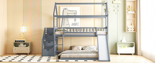 Kids House Bunk Bed Frame with Built-In Slide and Guard Rails for