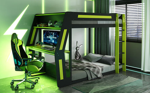 Full-Size Gaming Bunk Bed with Side-Mounted Oversized RGB Desk, USB
