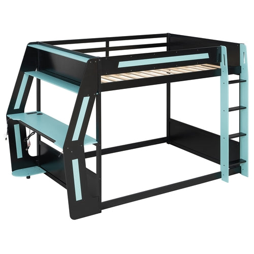 Full-Size Gaming Bunk Bed with Side-Mounted Oversized RGB Desk, USB