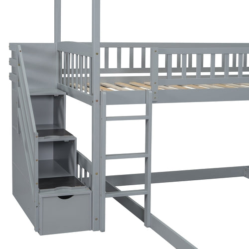 Kids House Bunk Bed Frame with Built-In Slide and Guard Rails for