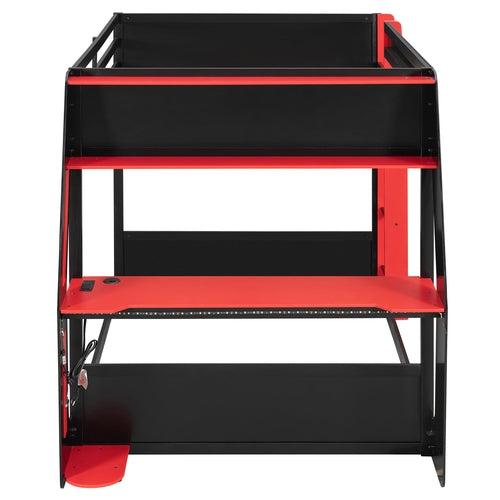 Full-Size Gaming Bunk Bed with Side-Mounted Oversized RGB Desk, USB