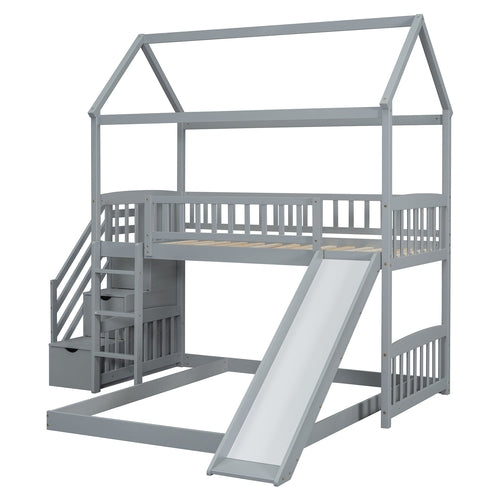 Kids House Bunk Bed Frame with Built-In Slide and Guard Rails for