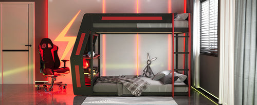 Full-Size Gaming Bunk Bed with Side-Mounted Oversized RGB Desk, USB
