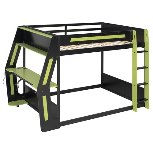 Full-Size Gaming Bunk Bed with Side-Mounted Oversized RGB Desk, USB