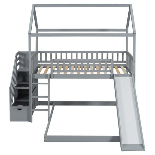 Kids House Bunk Bed Frame with Built-In Slide and Guard Rails for