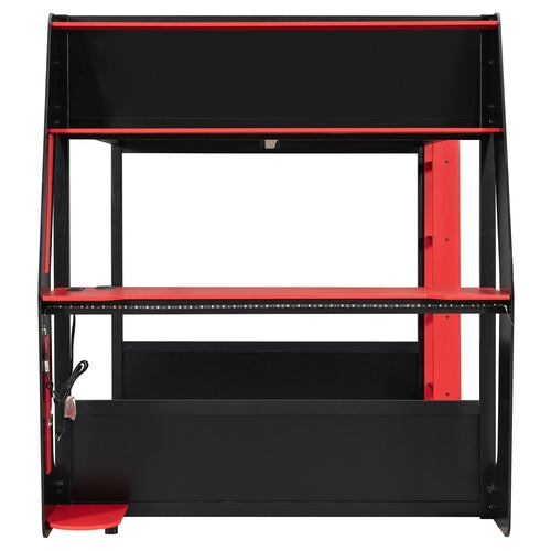 Full-Size Gaming Bunk Bed with Side-Mounted Oversized RGB Desk, USB