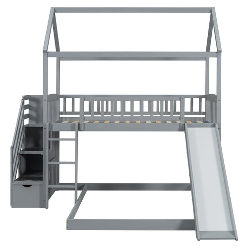 Kids House Bunk Bed Frame with Built-In Slide and Guard Rails for