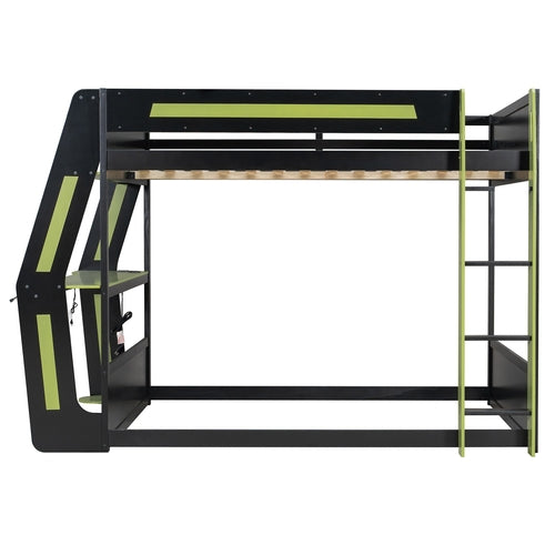 Full-Size Gaming Bunk Bed with Side-Mounted Oversized RGB Desk, USB