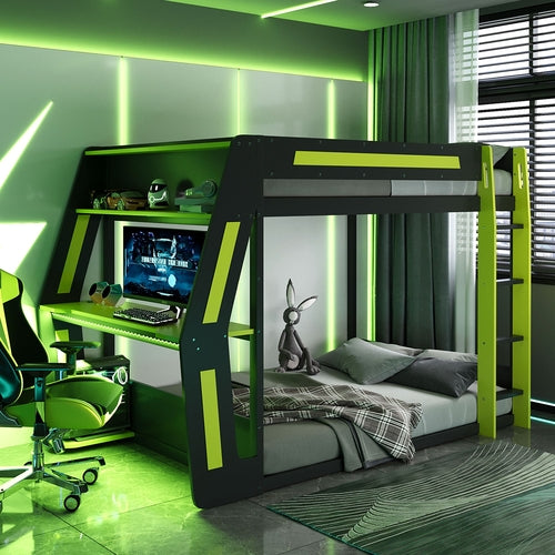 Full-Size Gaming Bunk Bed with Side-Mounted Oversized RGB Desk, USB
