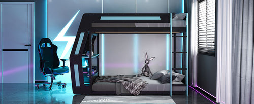 Full-Size Gaming Bunk Bed with Side-Mounted Oversized RGB Desk, USB