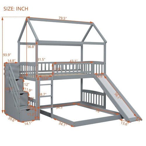 Kids House Bunk Bed Frame with Built-In Slide and Guard Rails for