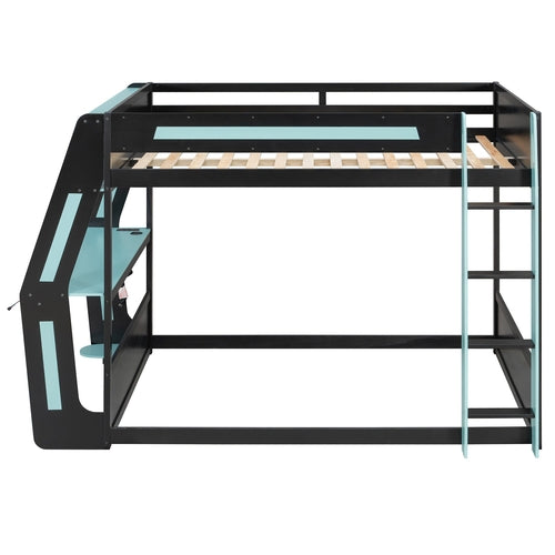 Full-Size Gaming Bunk Bed with Side-Mounted Oversized RGB Desk, USB
