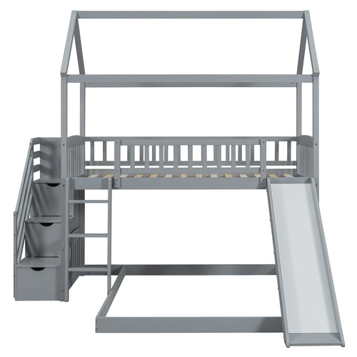 Kids House Bunk Bed Frame with Built-In Slide and Guard Rails for