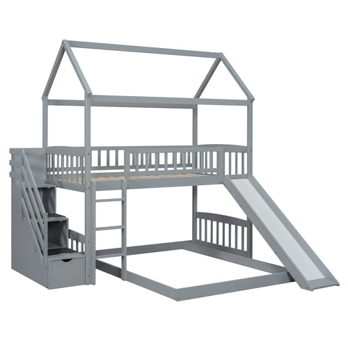 Kids House Bunk Bed Frame with Built-In Slide and Guard Rails for