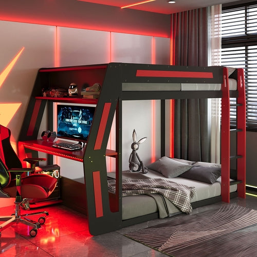 Full-Size Gaming Bunk Bed with Side-Mounted Oversized RGB Desk, USB