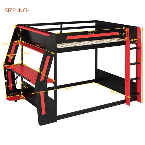 Full-Size Gaming Bunk Bed with Side-Mounted Oversized RGB Desk, USB