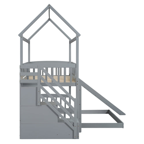 Kids House Bunk Bed Frame with Built-In Slide and Guard Rails for