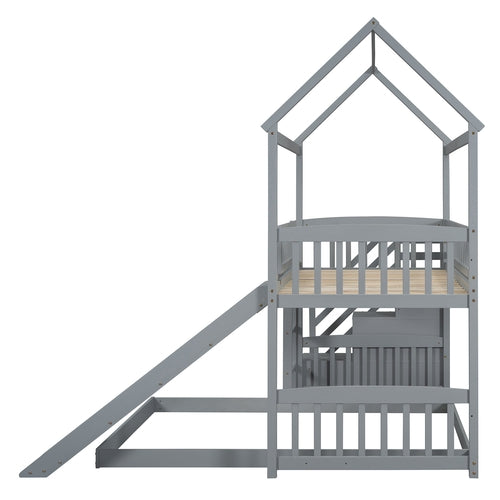 Kids House Bunk Bed Frame with Built-In Slide and Guard Rails for