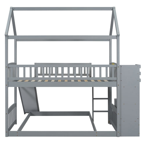 Kids House Bunk Bed Frame with Built-In Slide and Guard Rails for