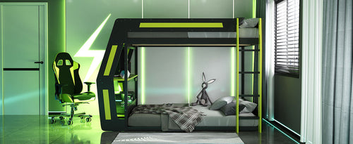 Full-Size Gaming Bunk Bed with Side-Mounted Oversized RGB Desk, USB
