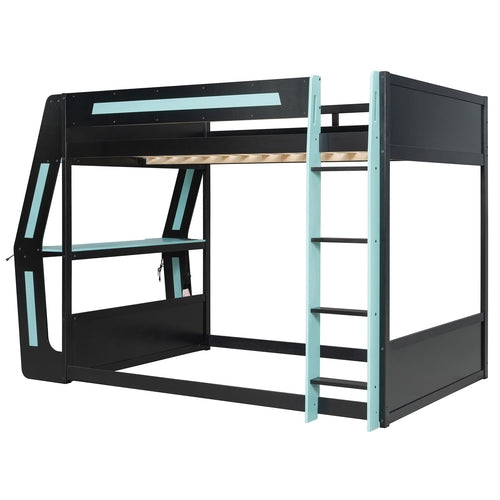 Full-Size Gaming Bunk Bed with Side-Mounted Oversized RGB Desk, USB