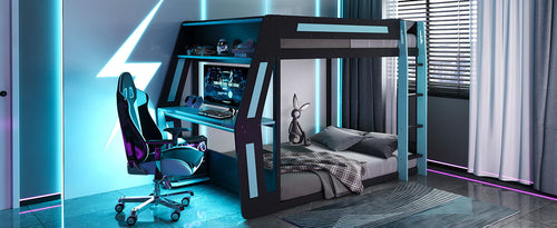 Full-Size Gaming Bunk Bed with Side-Mounted Oversized RGB Desk, USB