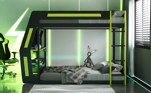 Full-Size Gaming Bunk Bed with Side-Mounted Oversized RGB Desk, USB