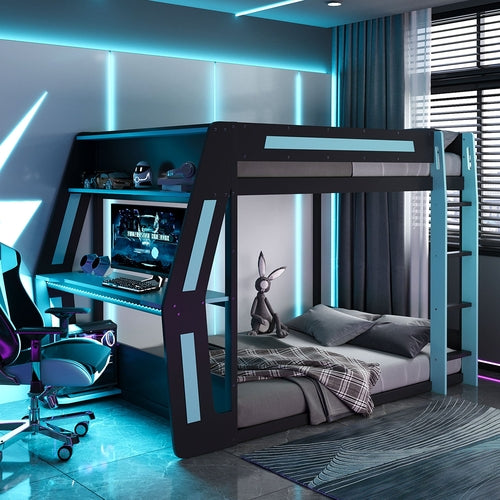 Full-Size Gaming Bunk Bed with Side-Mounted Oversized RGB Desk, USB