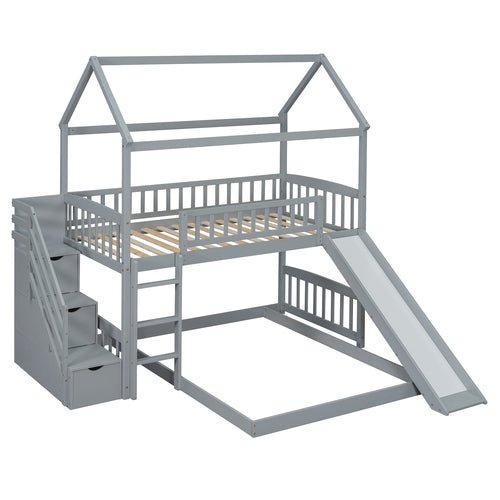 Kids House Bunk Bed Frame with Built-In Slide and Guard Rails for