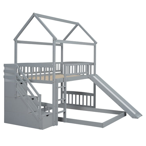 Kids House Bunk Bed Frame with Built-In Slide and Guard Rails for