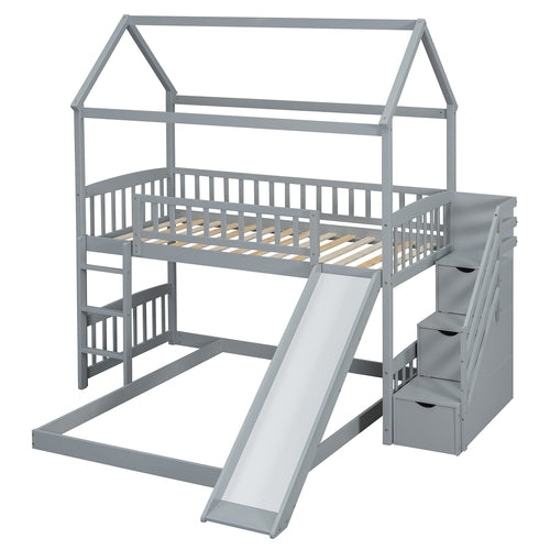Kids House Bunk Bed Frame with Built-In Slide and Guard Rails for