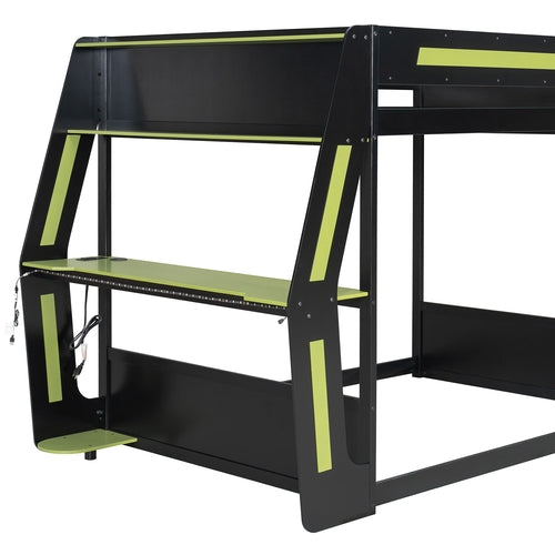 Full-Size Gaming Bunk Bed with Side-Mounted Oversized RGB Desk, USB