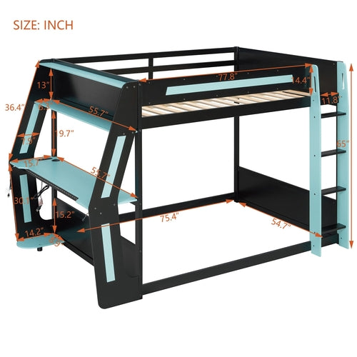 Full-Size Gaming Bunk Bed with Side-Mounted Oversized RGB Desk, USB