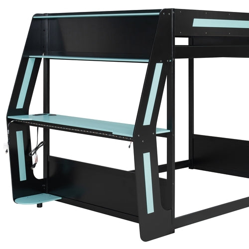 Full-Size Gaming Bunk Bed with Side-Mounted Oversized RGB Desk, USB