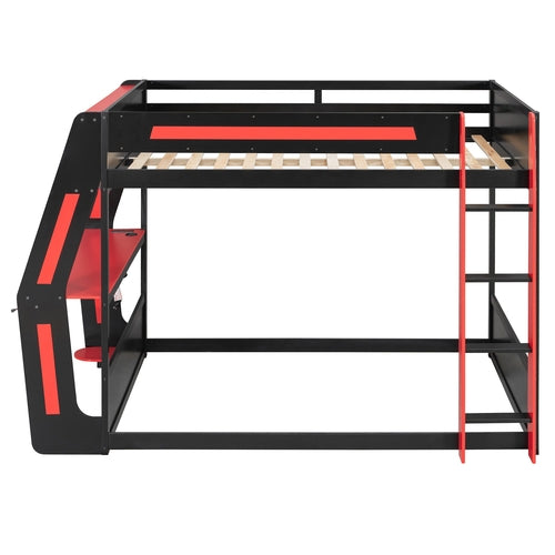 Full-Size Gaming Bunk Bed with Side-Mounted Oversized RGB Desk, USB
