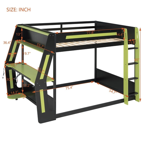 Full-Size Gaming Bunk Bed with Side-Mounted Oversized RGB Desk, USB