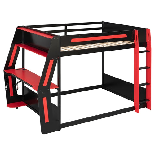Full-Size Gaming Bunk Bed with Side-Mounted Oversized RGB Desk, USB