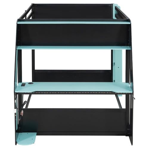 Full-Size Gaming Bunk Bed with Side-Mounted Oversized RGB Desk, USB