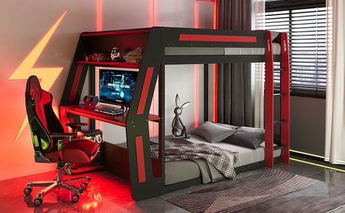 Full-Size Gaming Bunk Bed with Side-Mounted Oversized RGB Desk, USB