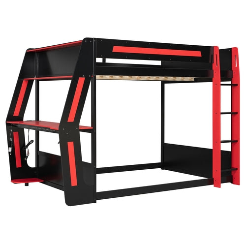 Full-Size Gaming Bunk Bed with Side-Mounted Oversized RGB Desk, USB
