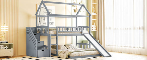 Kids House Bunk Bed Frame with Built-In Slide and Guard Rails for